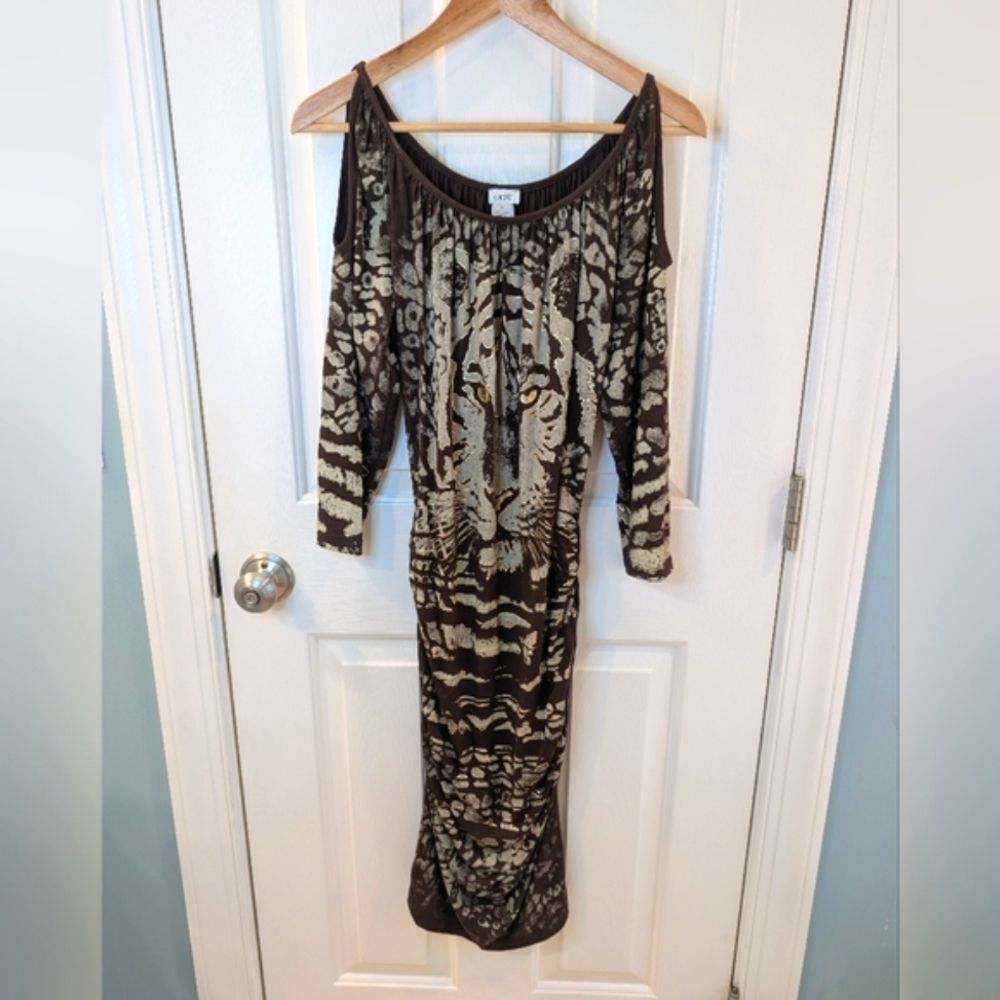 New Cache Tiger Graphic Print Bodycon Dress Cold Shoulder Medium - Picture 10 of 10